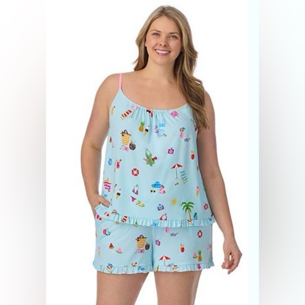 Beach Print Shirred Pajama Tank Top & Pajama Boxer Set - Plus Size